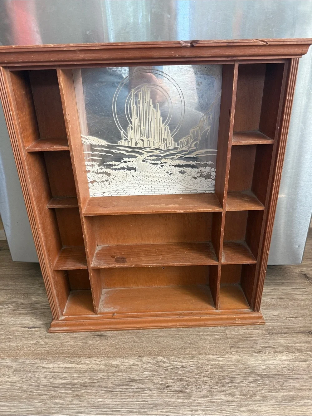 Classic Wooden Wall Display Shelf in Warm Brown with Etched Back Panel